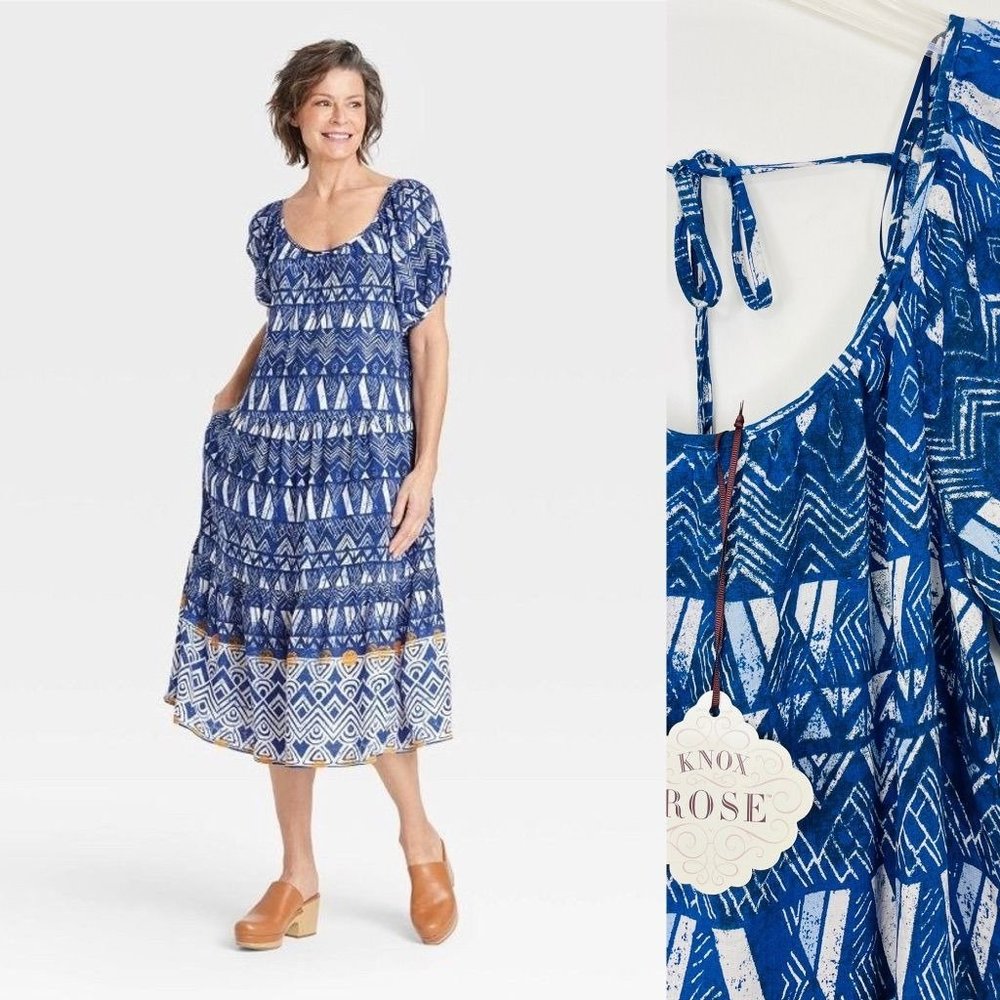 Knox Rose Womens Dress Small Blue Short Sleeve Tiered Midi Ruffle Scoop Neck New